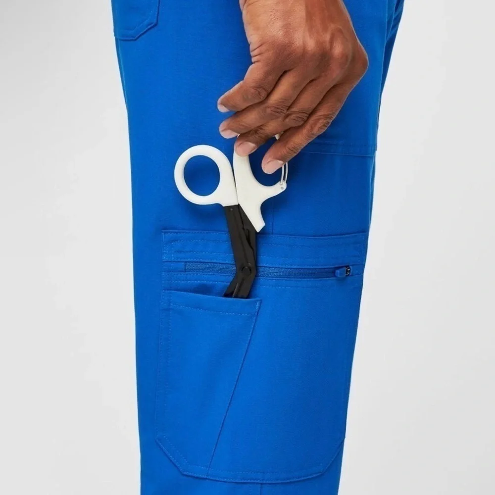 Figs Cairo Cargo Scrub Pants Drawstring Zip Fly Nine Pockets Royal Blue XS
